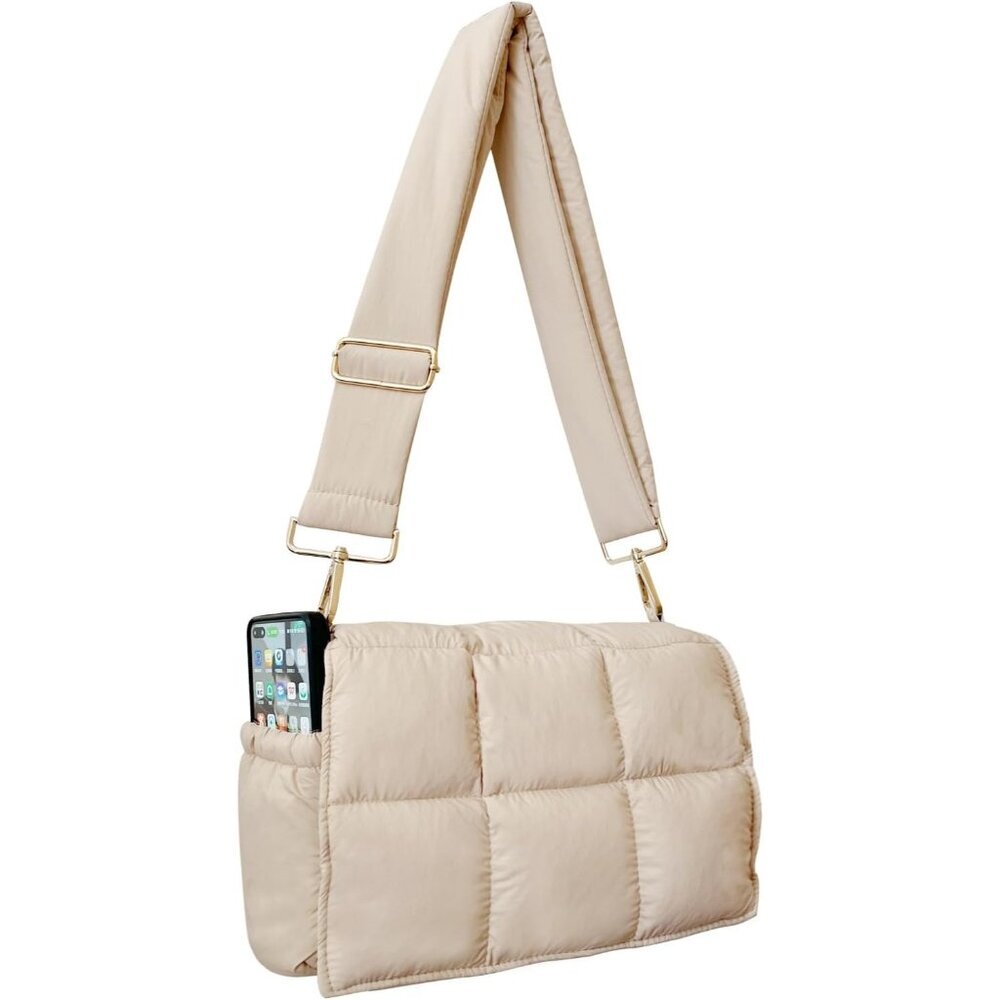Women's Beige Quilted Puffer Purse Fashion Lightweight Travel Cross Body Handbag